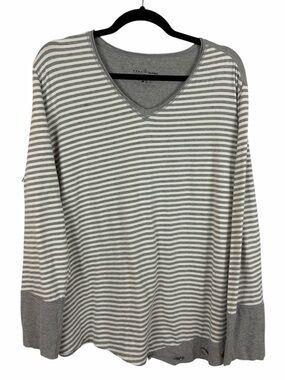 Neon Buddha Striped Long Sleeve Top Women XL Grey White V Neck Button Hem Casual